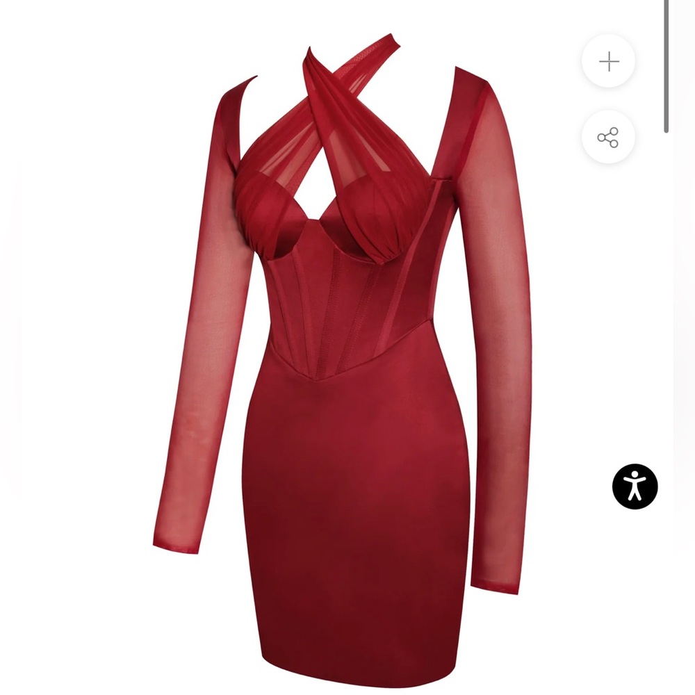Jocelynn Burgundy Satin Mesh Long Sleeve Corset Dress